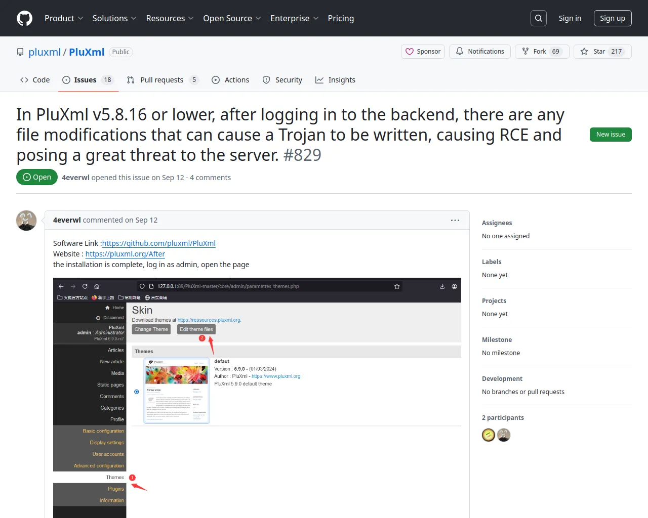 In PluXml v5.8.16 or lower, after logging in to the backend, there are any file modifications that can cause a Trojan to be written, causing RCE and posing a great threat to the server. · Issue #829 · pluxml/PluXml · GitHub