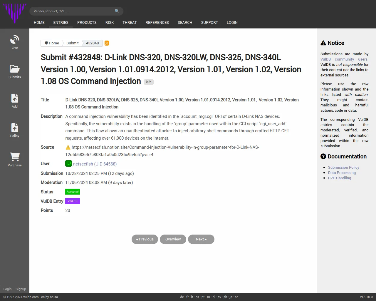 Submit #432848: D-Link DNS-320, DNS-320LW, DNS-325, DNS-340L Version 1.00, Version 1.01.0914.2012, Version 1.01, Version 1.02, Version 1.08 OS Command Injection