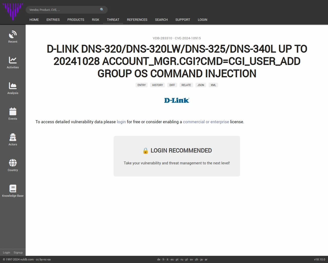 CVE-2024-10915 D-Link DNS-320/DNS-320LW/DNS-325/DNS-340L account_mgr.cgi cgi_user_add os command injection
