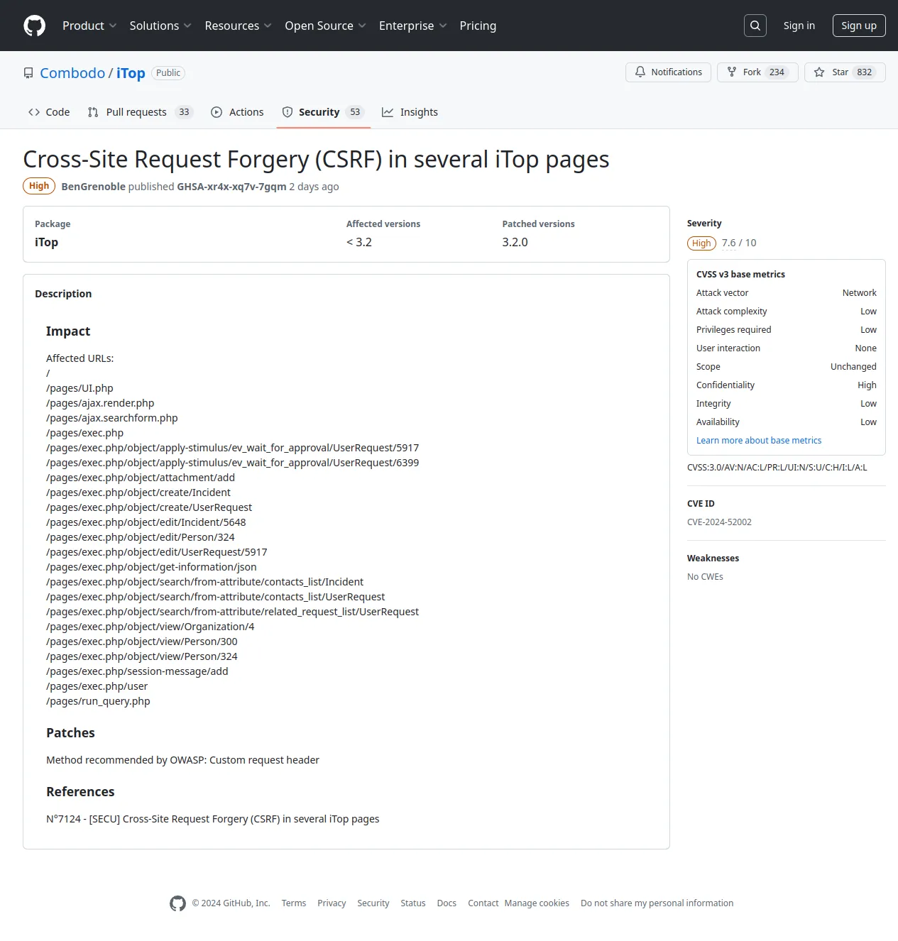 Cross-Site Request Forgery (CSRF) in several iTop pages · Advisory · Combodo/iTop · GitHub