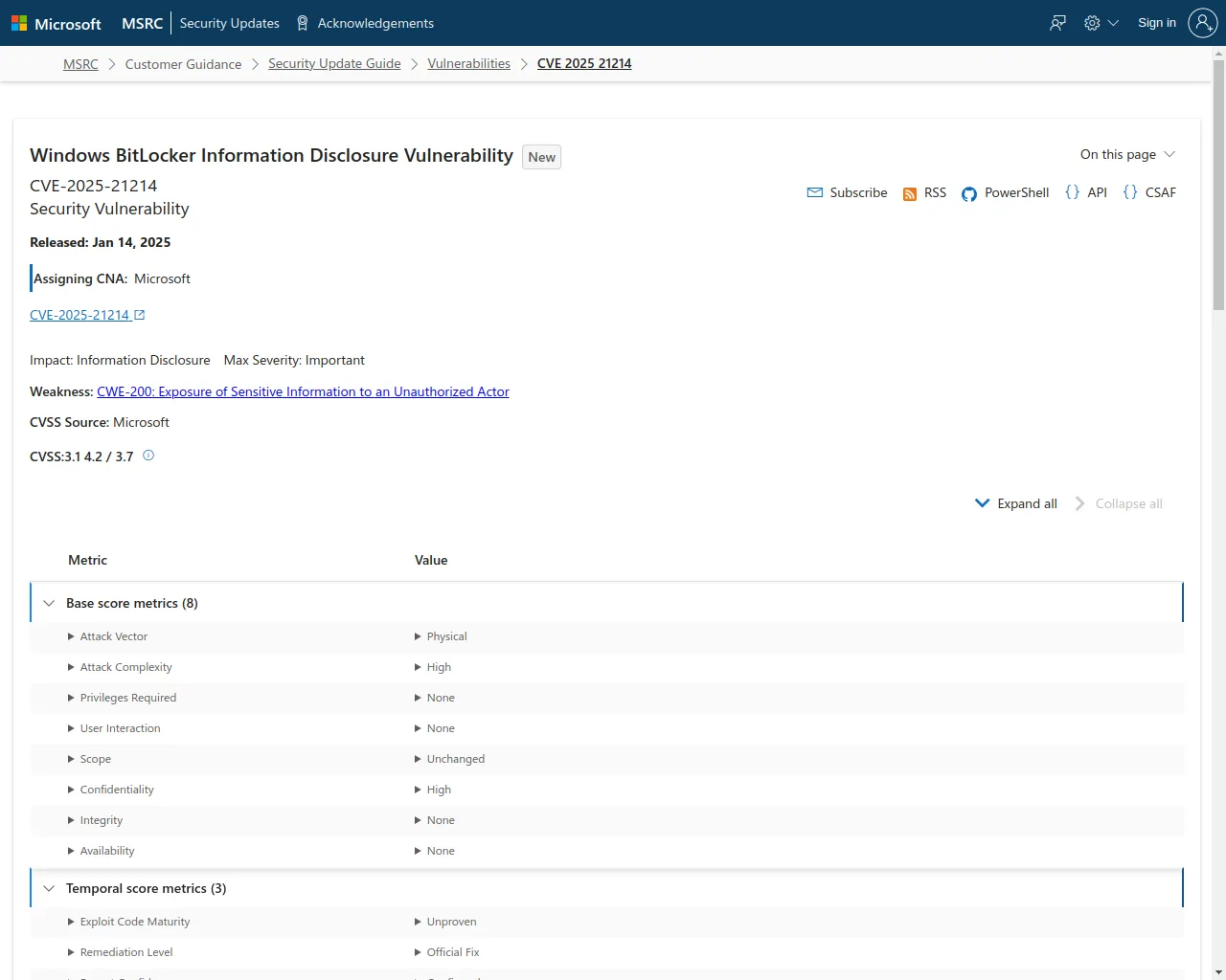 CVE-2025-21214 - Security Update Guide - Microsoft - Windows BitLocker Information Disclosure Vulnerability