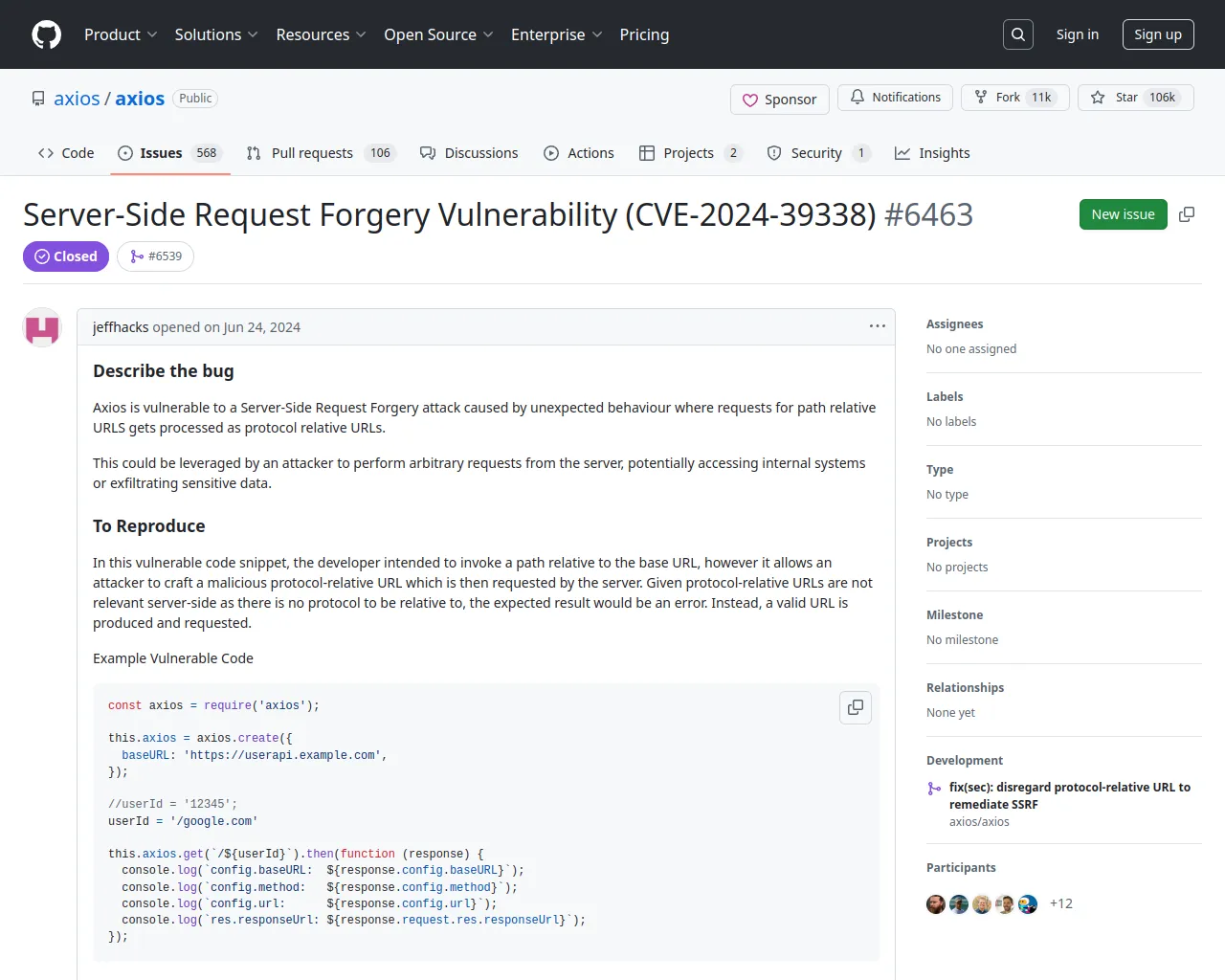 Server-Side Request Forgery Vulnerability (CVE-2024-39338) · Issue #6463 · axios/axios