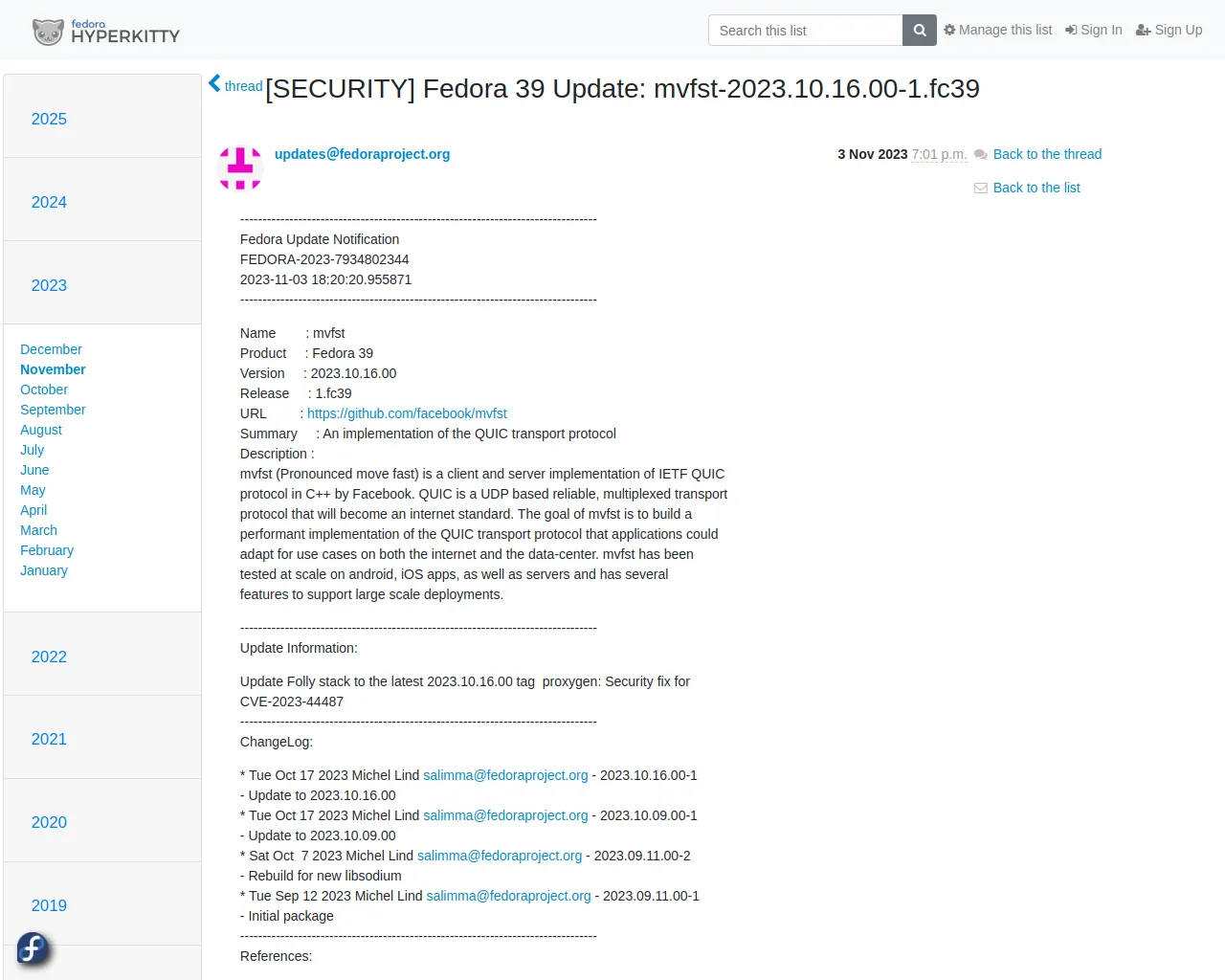[SECURITY] Fedora 39 Update: mvfst-2023.10.16.00-1.fc39 - package-announce - Fedora mailing-lists
