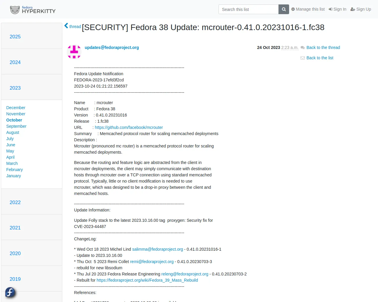 [SECURITY] Fedora 38 Update: mcrouter-0.41.0.20231016-1.fc38 - package-announce - Fedora mailing-lists