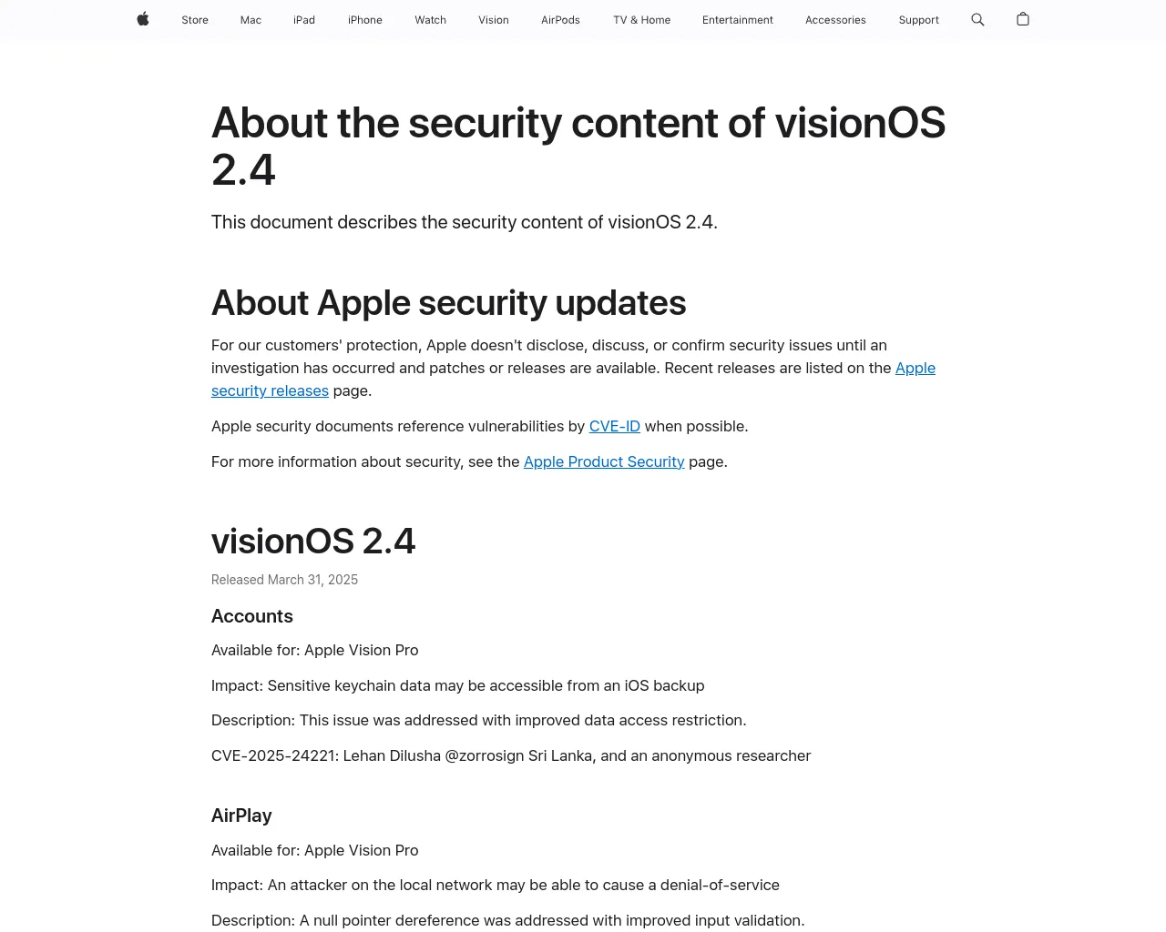 About the security content of visionOS 2.4 - Apple Support
