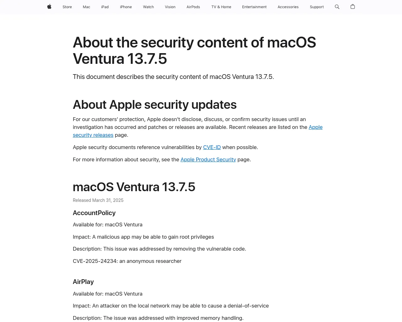About the security content of macOS Ventura 13.7.5 - Apple Support
