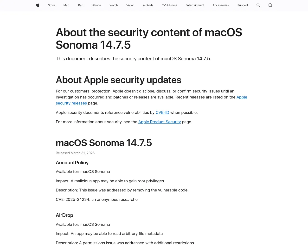 About the security content of macOS Sonoma 14.7.5 - Apple Support