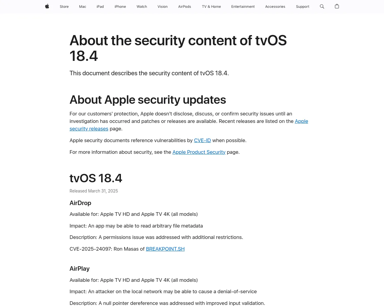 About the security content of tvOS 18.4 - Apple Support