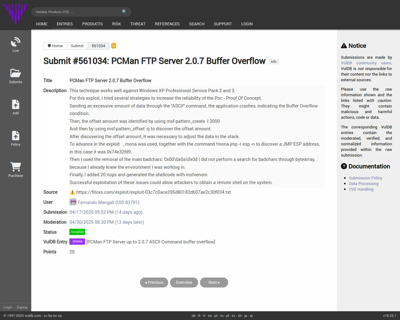 Submit #561034: PCMan FTP Server 2.0.7 Buffer Overflow