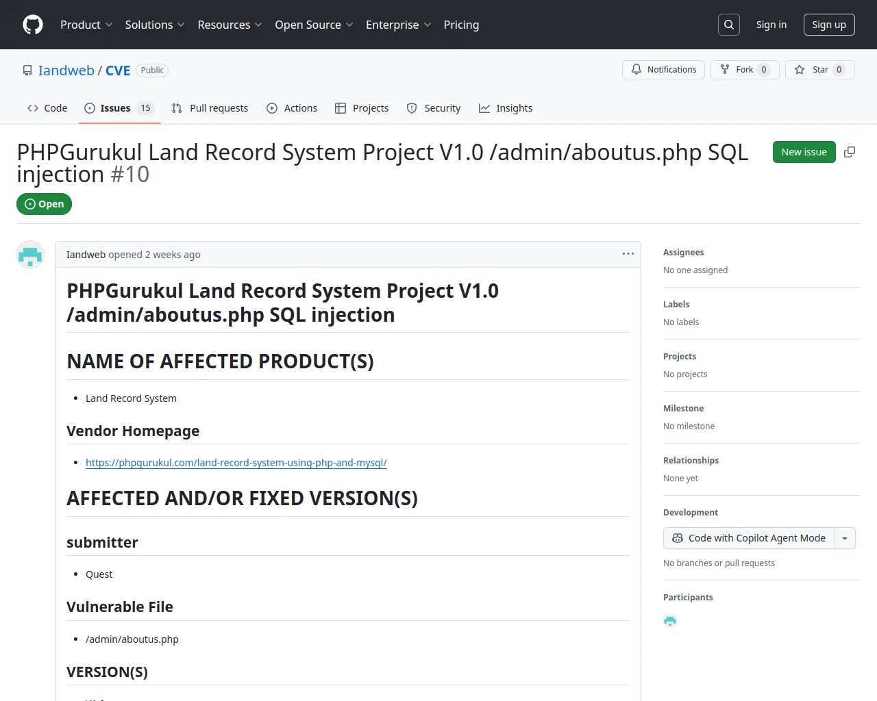 PHPGurukul Land Record System Project V1.0 /admin/aboutus.php SQL injection · Issue #10 · Iandweb/CVE