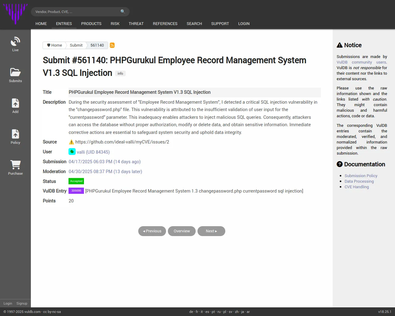 Submit #561140: PHPGurukul Employee Record Management System V1.3 SQL Injection