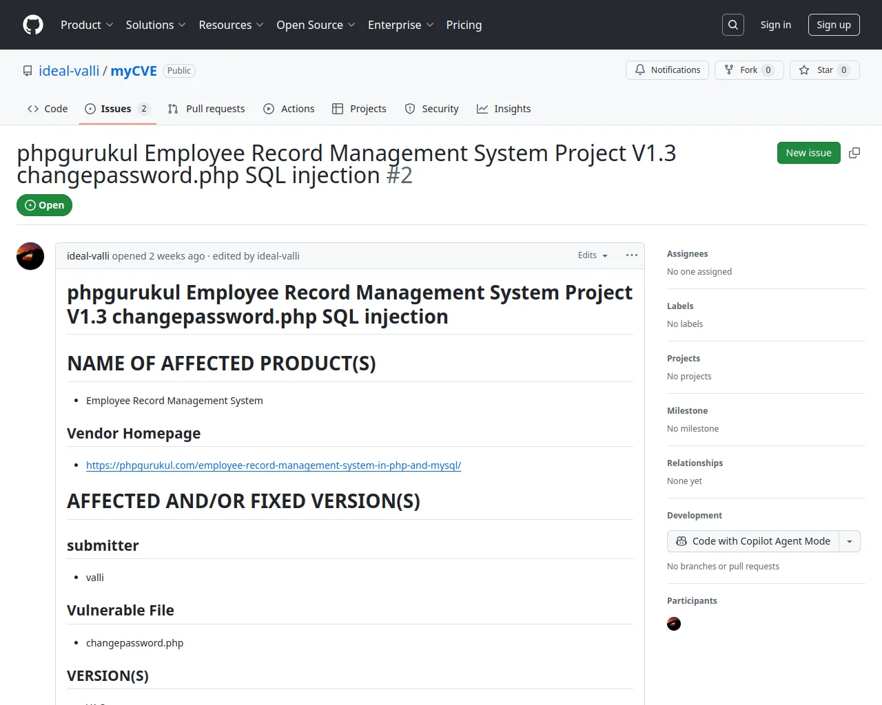 phpgurukul Employee Record Management System Project V1.3 changepassword.php SQL injection · Issue #2 · ideal-valli/myCVE