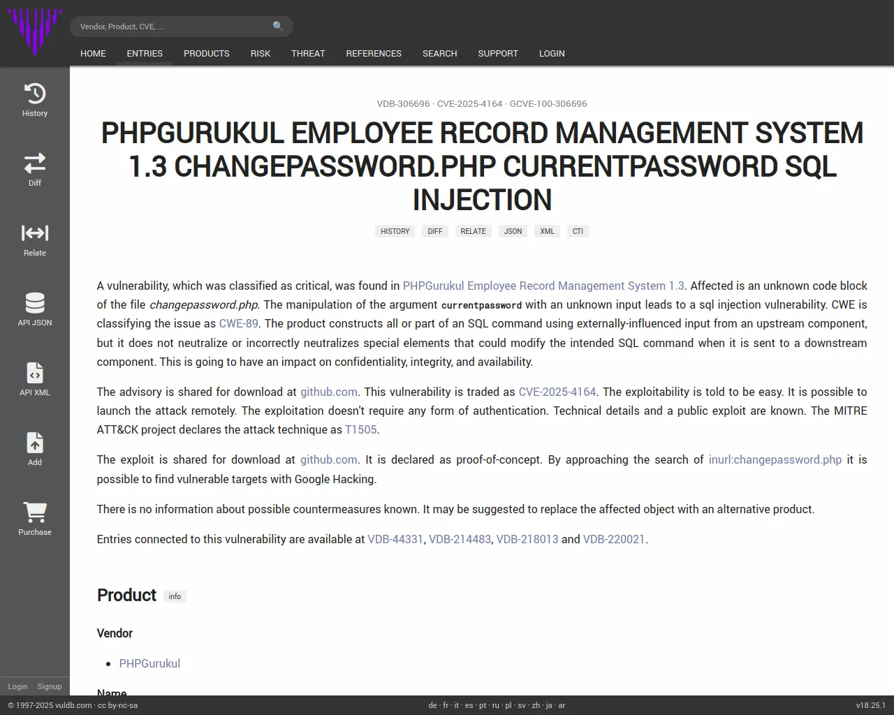 CVE-2025-4164 PHPGurukul Employee Record Management System changepassword.php sql injection
