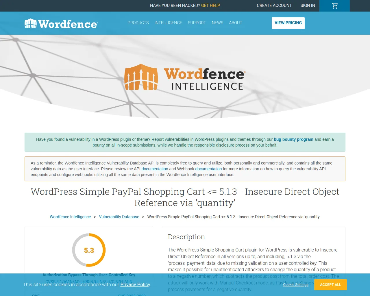 WordPress Simple PayPal Shopping Cart <= 5.1.3 - Insecure Direct Object Reference via 'quantity'