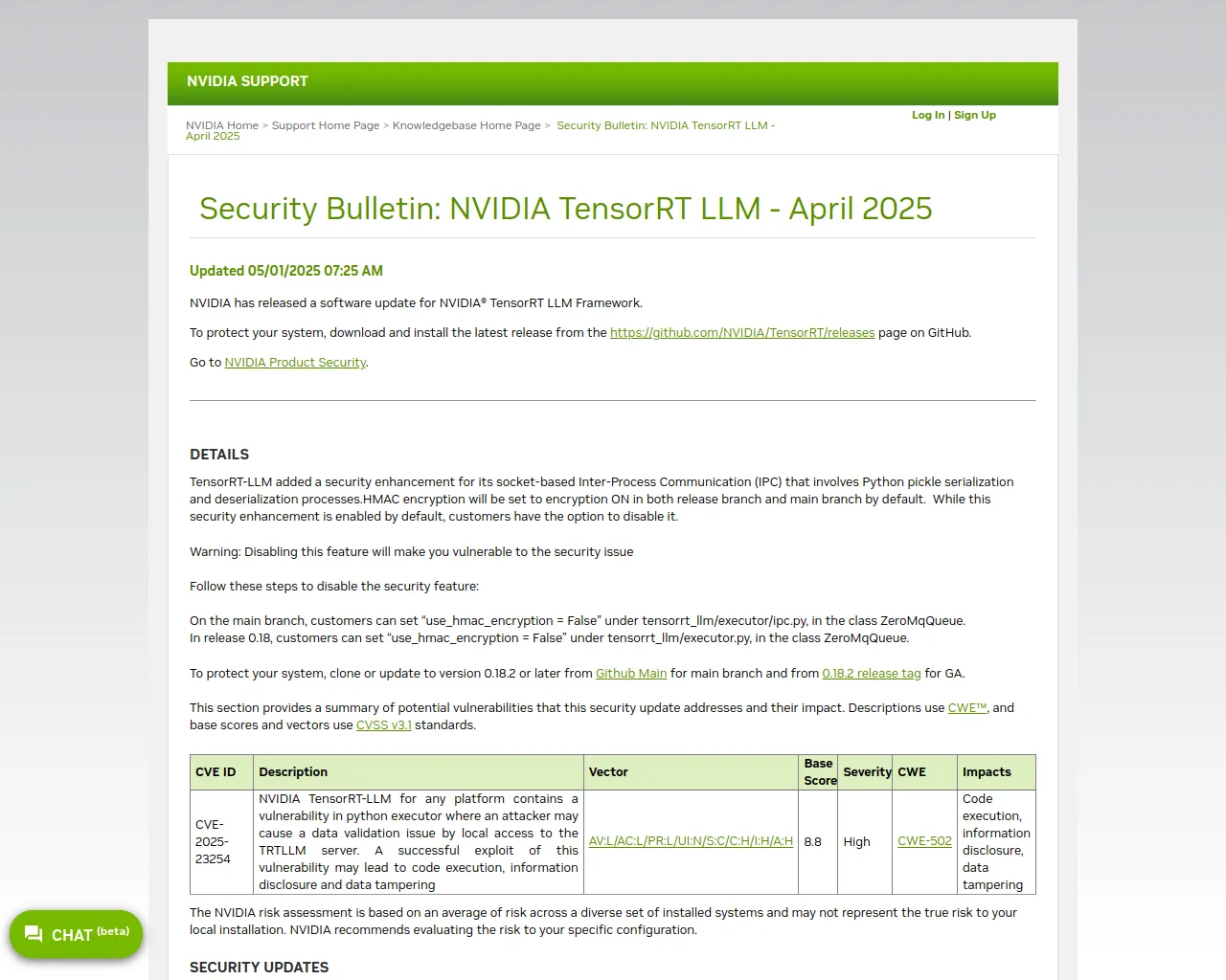 Security Bulletin: NVIDIA TensorRT LLM - April 2025 | NVIDIA