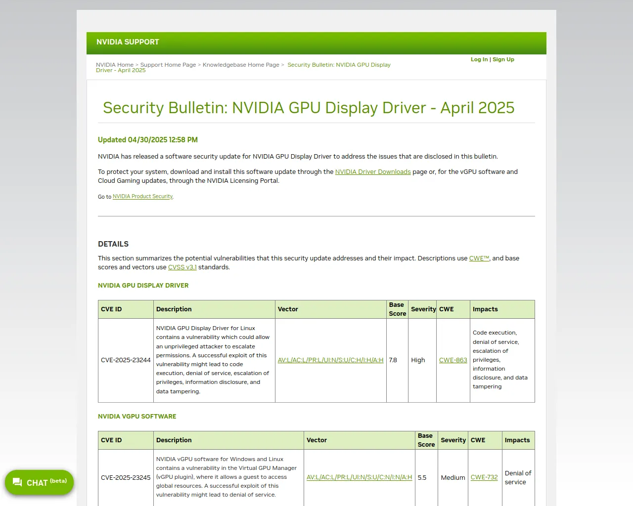 Security Bulletin: NVIDIA GPU Display Driver - April 2025 | NVIDIA