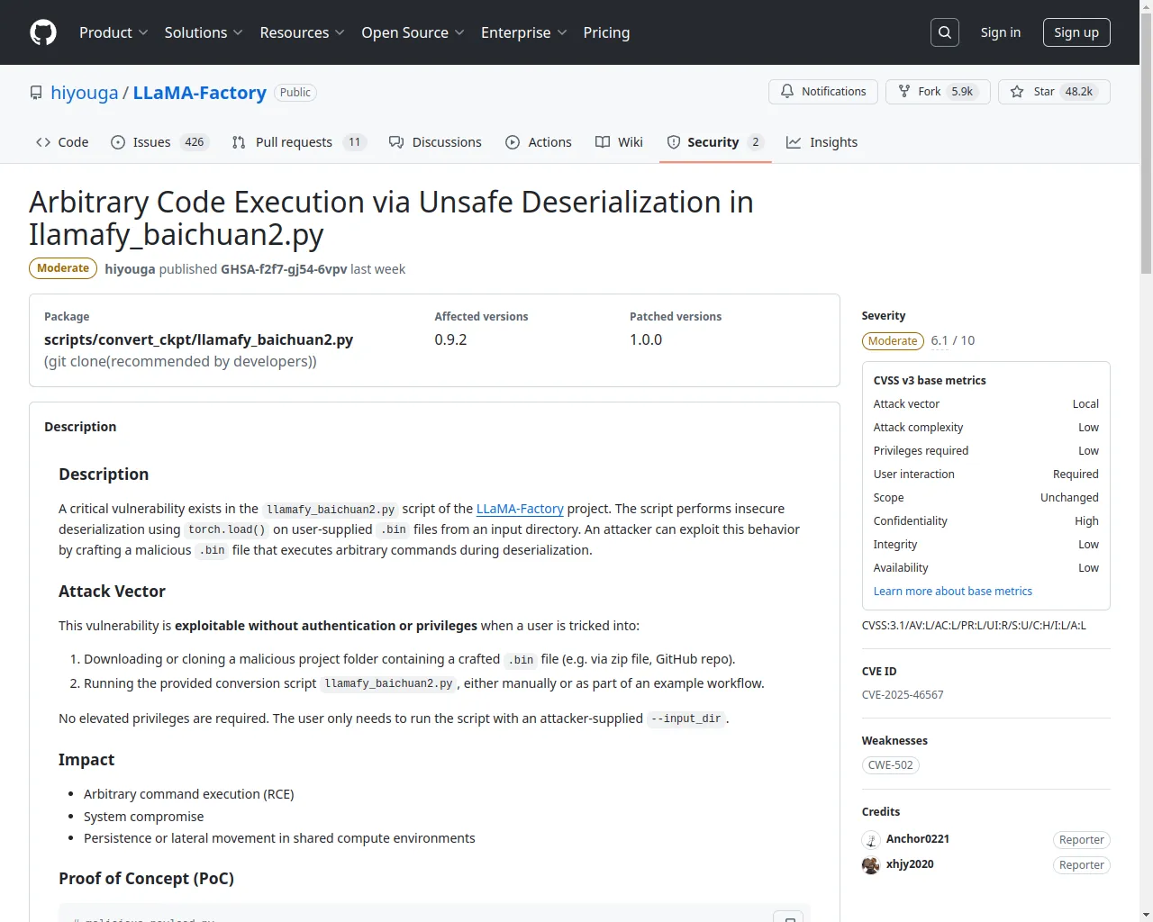 Arbitrary Code Execution via Unsafe Deserialization in Ilamafy_baichuan2.py · Advisory · hiyouga/LLaMA-Factory · GitHub
