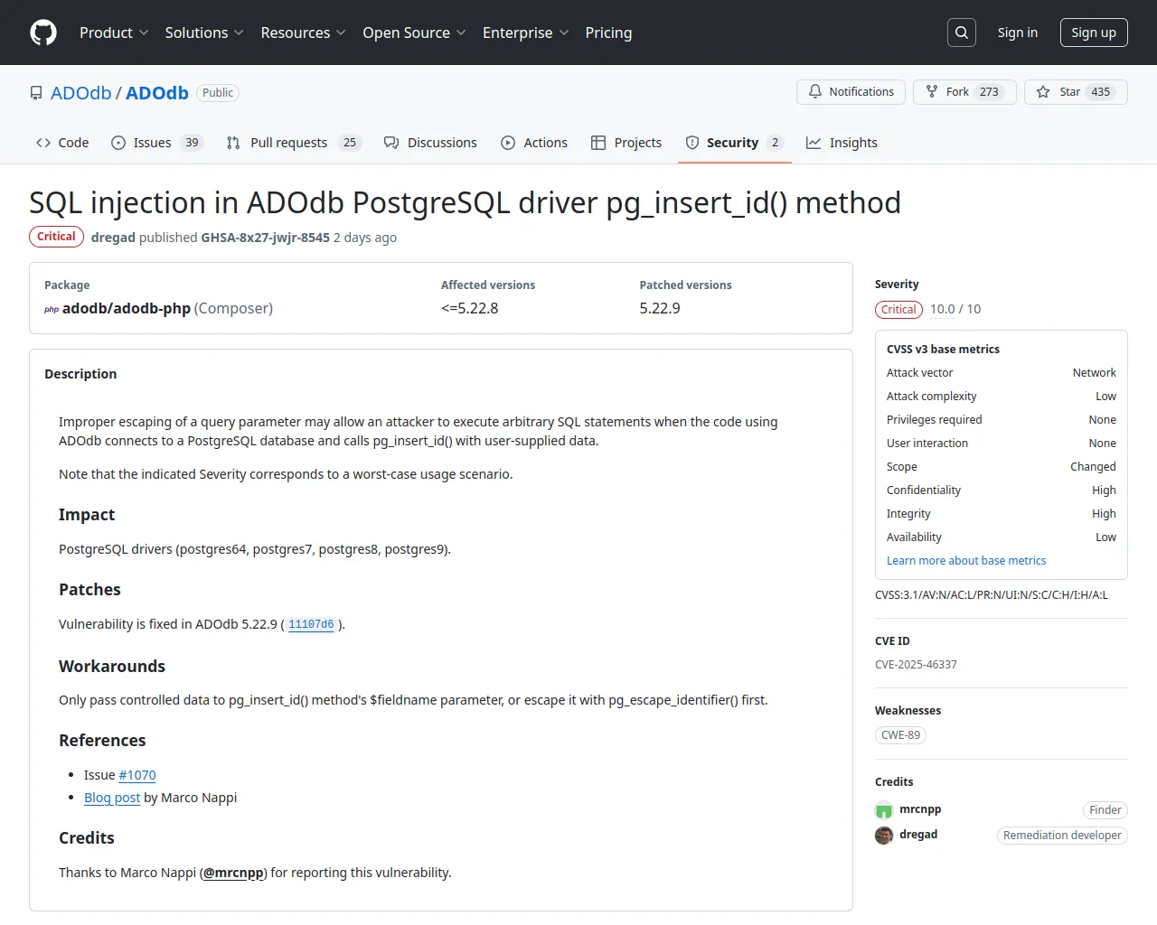 SQL injection in ADOdb PostgreSQL driver pg_insert_id() method · Advisory · ADOdb/ADOdb · GitHub