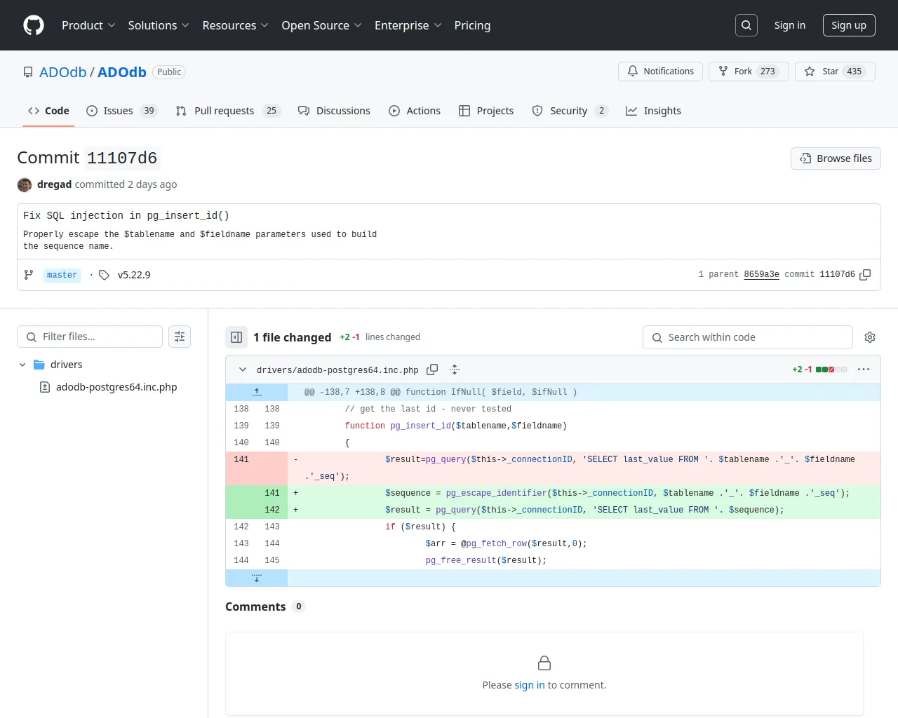 Fix SQL injection in pg_insert_id() · ADOdb/ADOdb@11107d6 · GitHub
