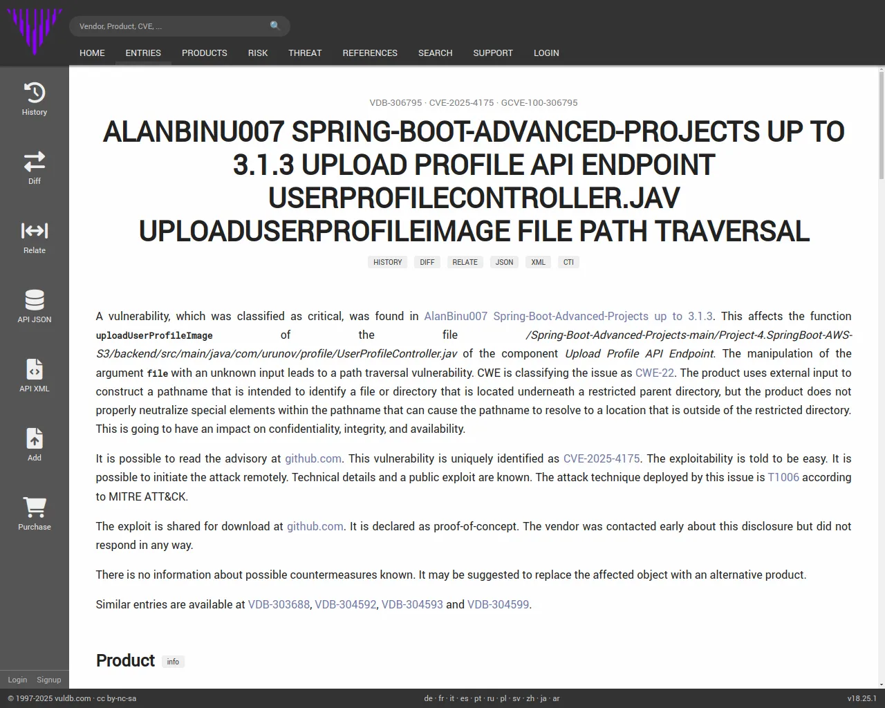 CVE-2025-4175 AlanBinu007 Spring-Boot-Advanced-Projects Upload Profile API Endpoint UserProfileController.jav uploadUserProfileImage path traversal