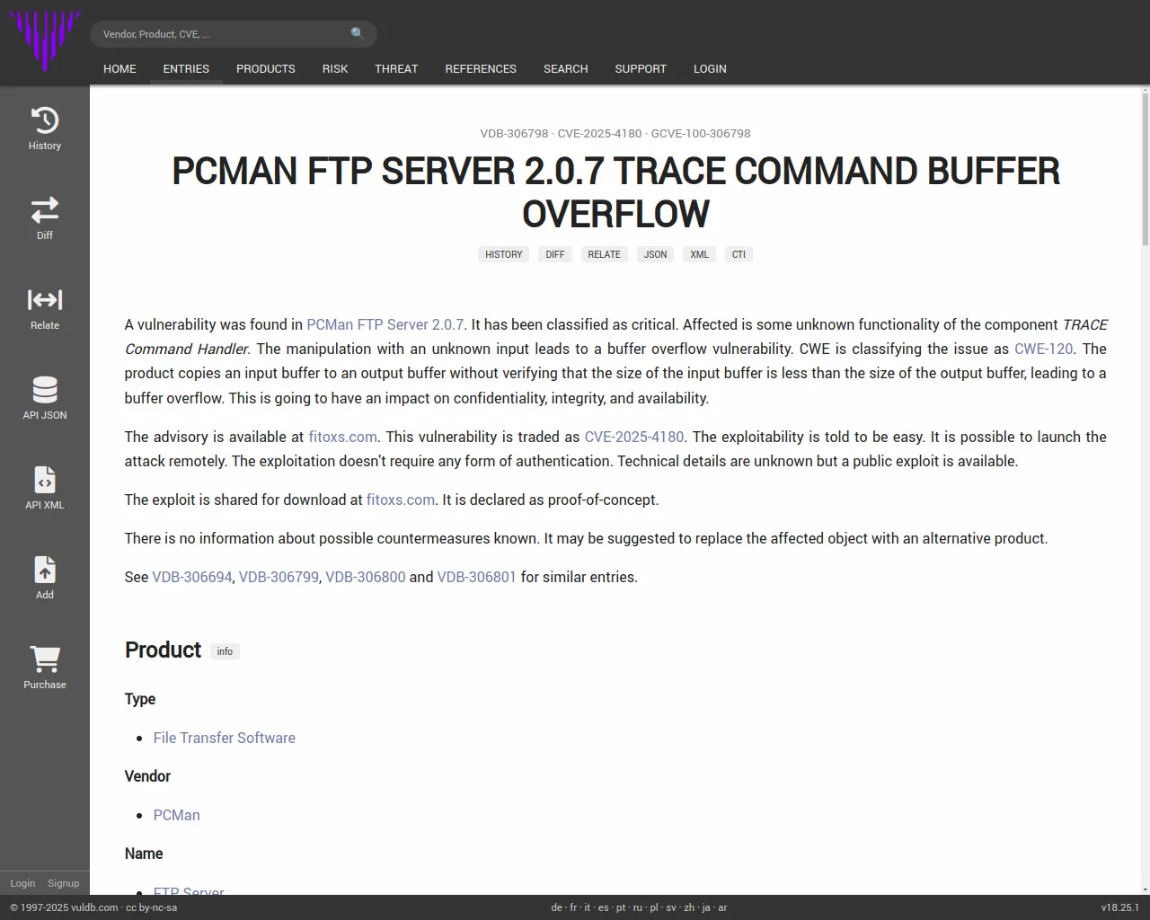 CVE-2025-4180 PCMan FTP Server TRACE Command buffer overflow