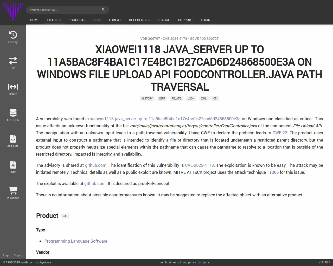 CVE-2025-4178 xiaowei1118 java_server File Upload API FoodController.java path traversal