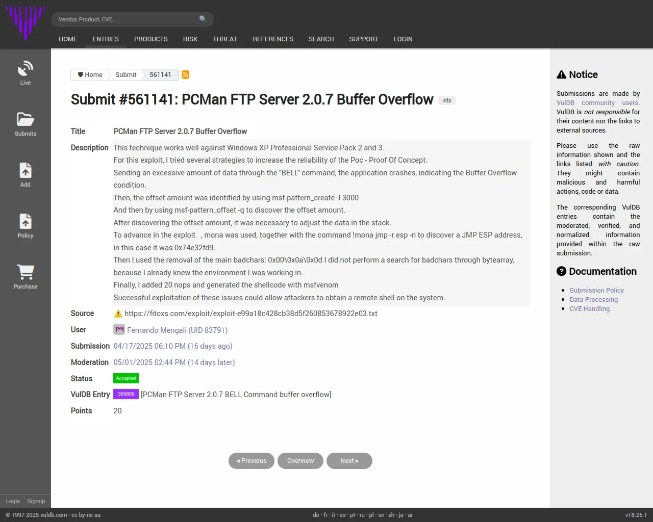 Submit #561141: PCMan FTP Server 2.0.7 Buffer Overflow
