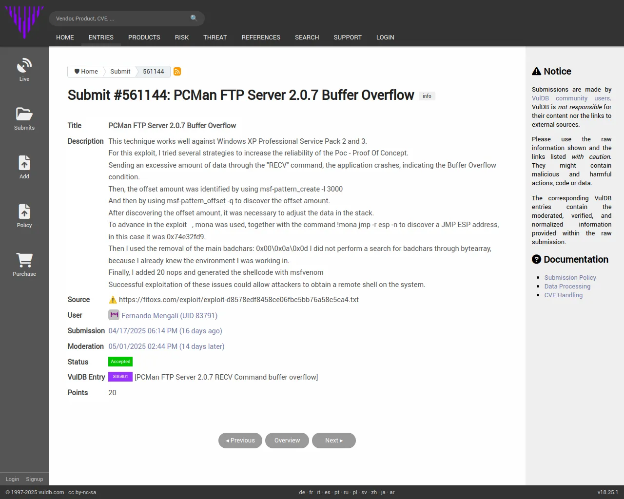 Submit #561144: PCMan FTP Server 2.0.7 Buffer Overflow