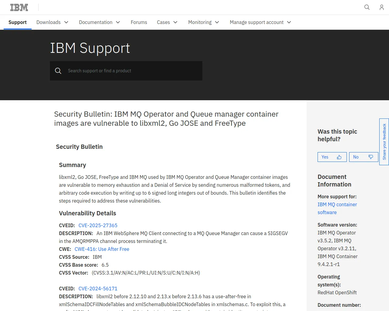 Security Bulletin: IBM MQ Operator and Queue manager container images are vulnerable to libxml2, Go JOSE and FreeType