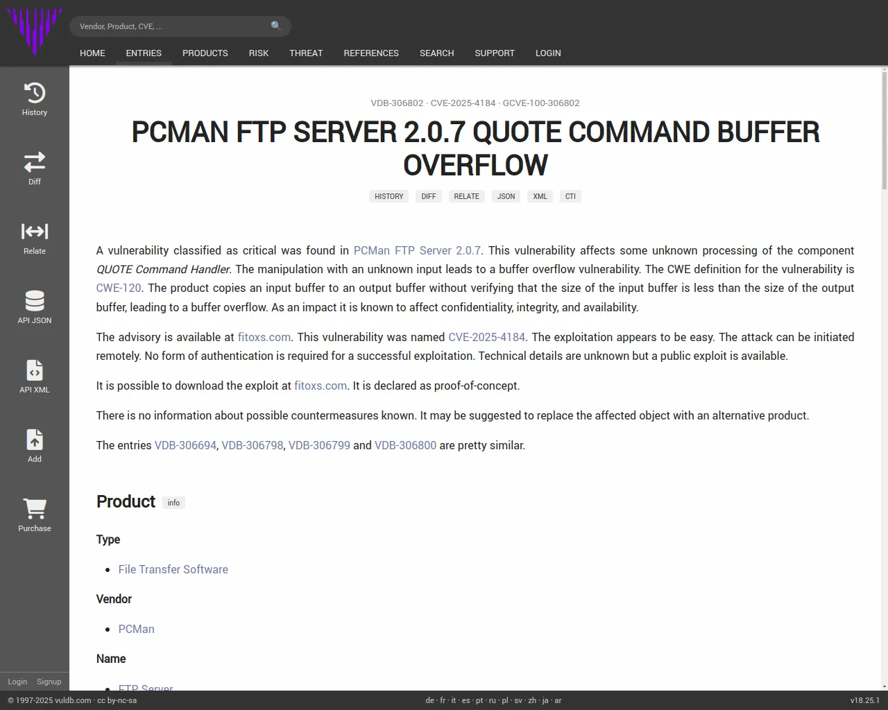 CVE-2025-4184 PCMan FTP Server QUOTE Command buffer overflow