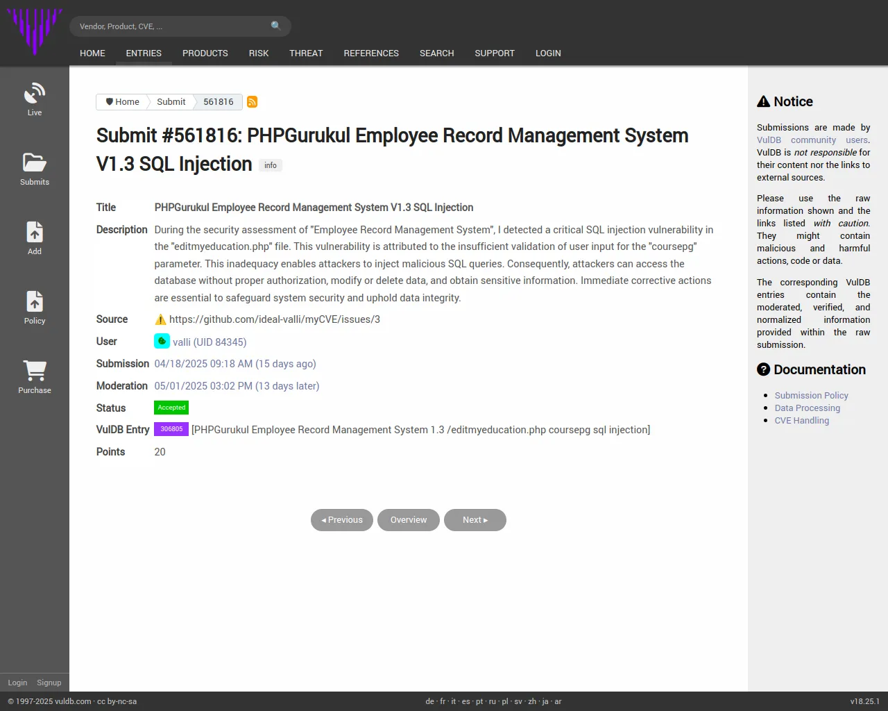 Submit #561816: PHPGurukul Employee Record Management System V1.3 SQL Injection