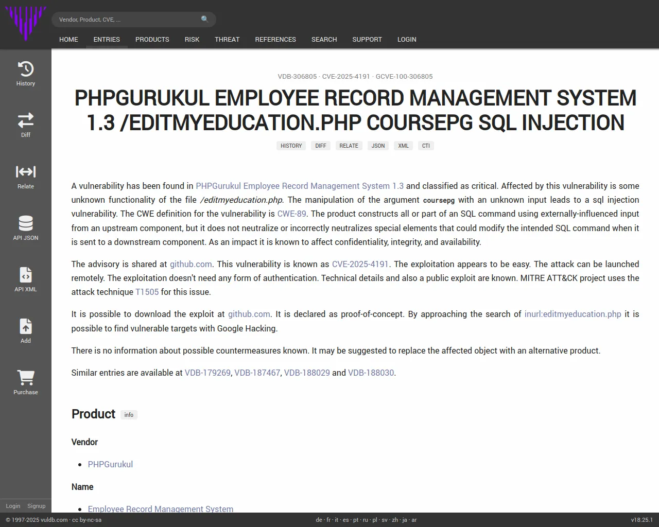 CVE-2025-4191 PHPGurukul Employee Record Management System editmyeducation.php sql injection