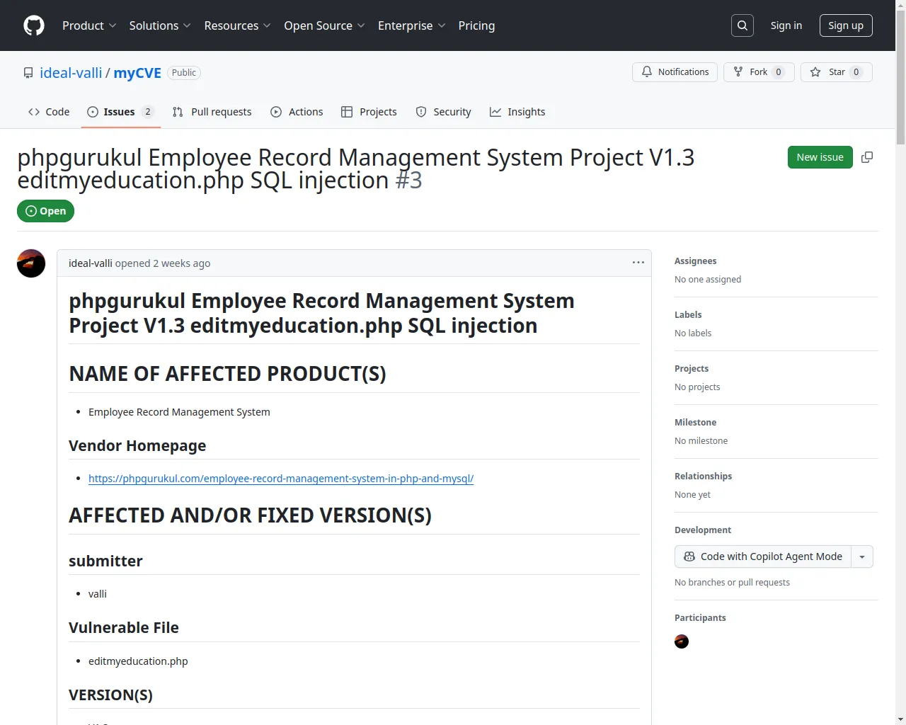 phpgurukul Employee Record Management System Project V1.3 editmyeducation.php SQL injection · Issue #3 · ideal-valli/myCVE