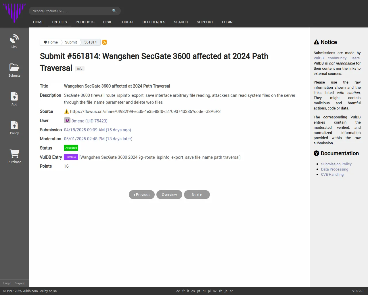 Submit #561814: Wangshen SecGate 3600 affected at 2024 Path Traversal