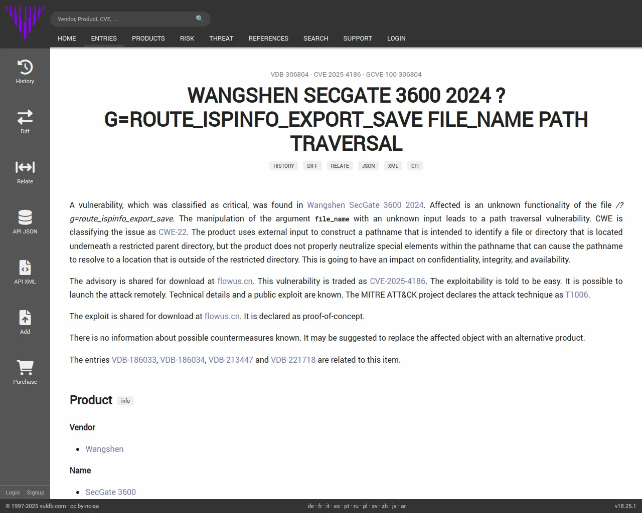 CVE-2025-4186 Wangshen SecGate 3600 g=route_ispinfo_export_save path traversal