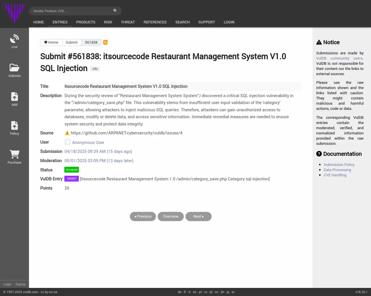 Submit #561838: itsourcecode Restaurant Management System V1.0 SQL Injection