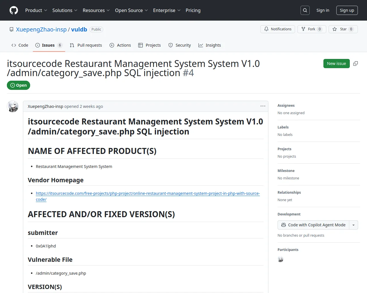 itsourcecode Restaurant Management System System V1.0 /admin/category_save.php SQL injection · Issue #4 · XuepengZhao-insp/vuldb