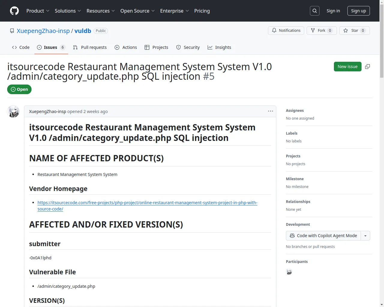 itsourcecode Restaurant Management System System V1.0 /admin/category_update.php SQL injection · Issue #5 · XuepengZhao-insp/vuldb