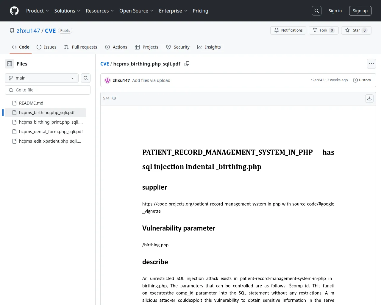 CVE/hcpms_birthing.php_sqli.pdf at main · zhxu147/CVE · GitHub