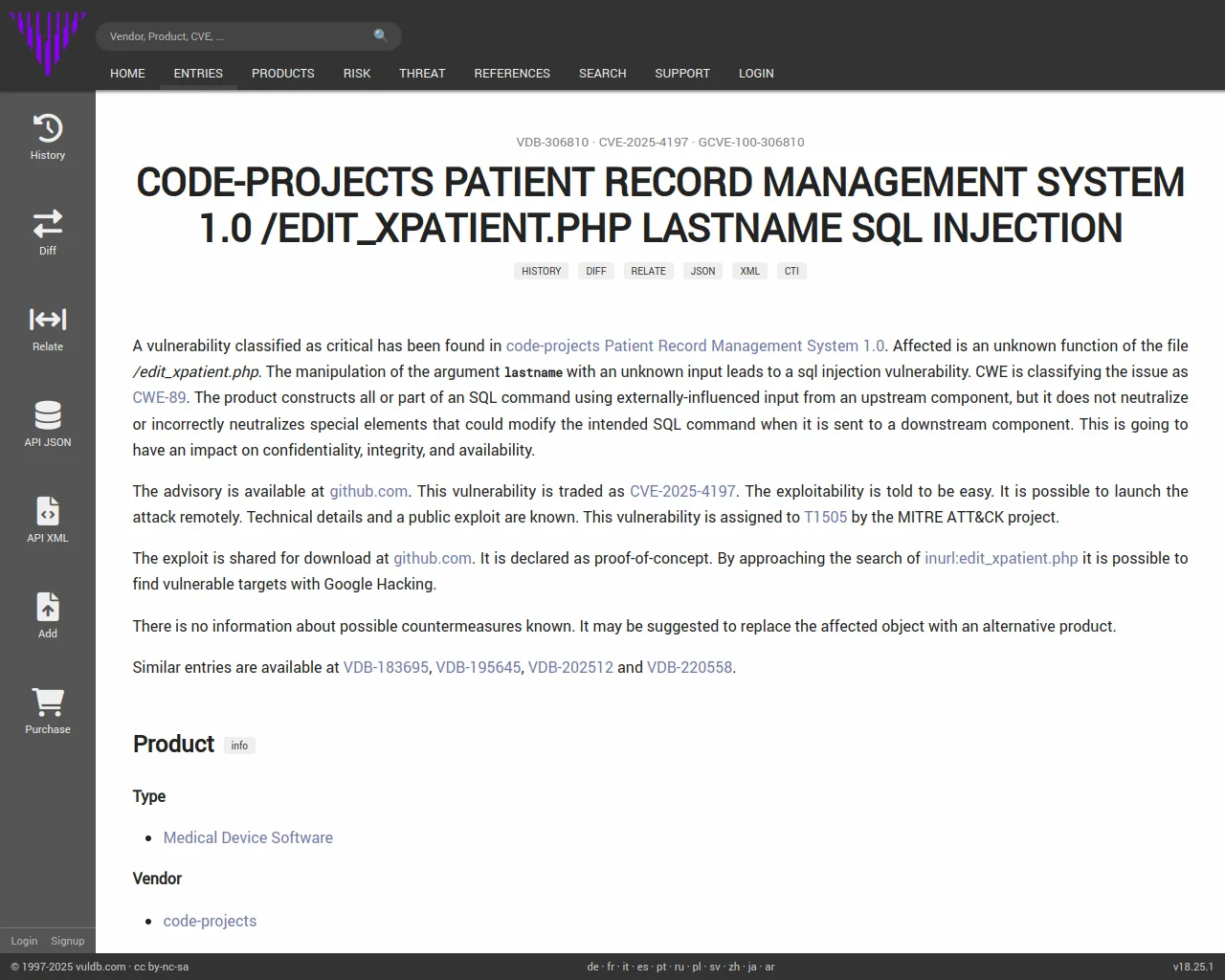CVE-2025-4197 code-projects Patient Record Management System edit_xpatient.php sql injection