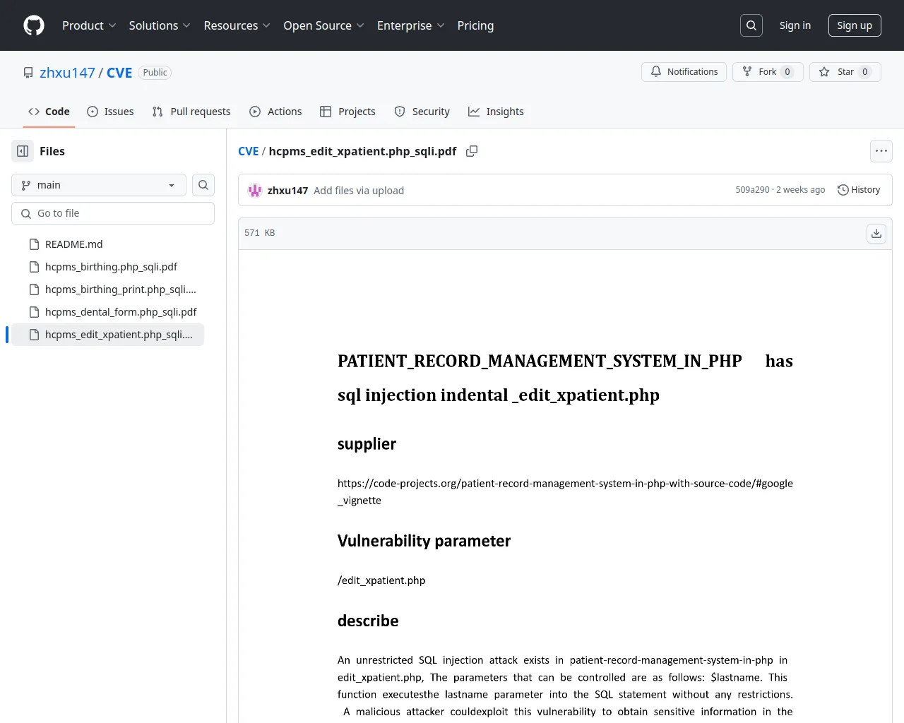 CVE/hcpms_edit_xpatient.php_sqli.pdf at main · zhxu147/CVE · GitHub