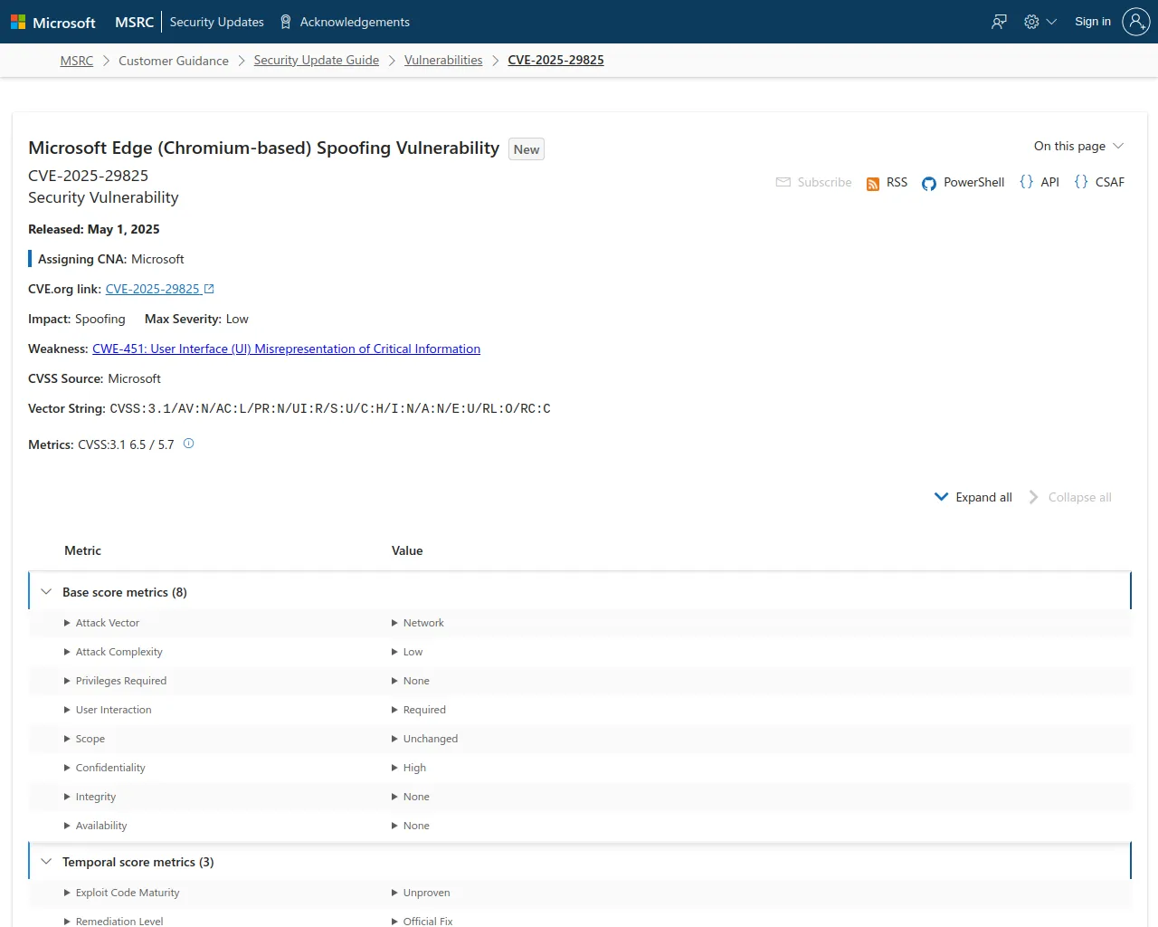 CVE-2025-29825 - Security Update Guide - Microsoft - Microsoft Edge (Chromium-based) Spoofing Vulnerability