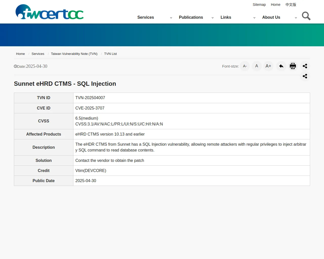 TWCERT/CC Taiwan Computer Emergency Response Team/Coordination Center-Sunnet eHRD CTMS - SQL Injection