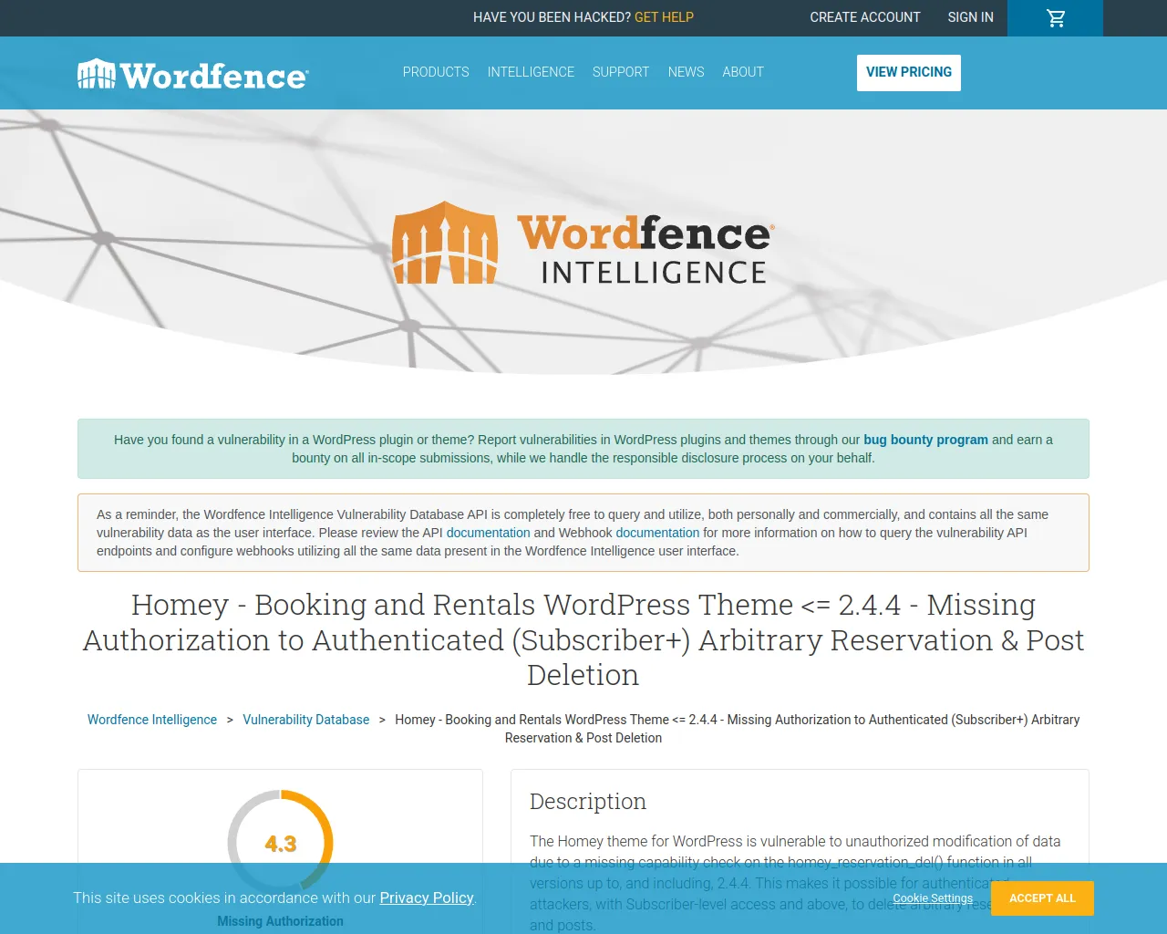 Homey - Booking and Rentals WordPress Theme <= 2.4.4 - Missing Authorization to Authenticated (Subscriber+) Arbitrary Reservation & Post Deletion