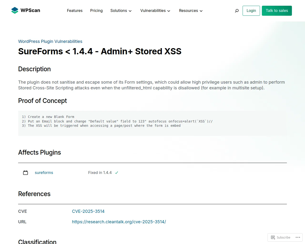 SureForms < 1.4.4 – Admin+ Stored XSS | CVE 2025-3514 | Plugin Vulnerabilities