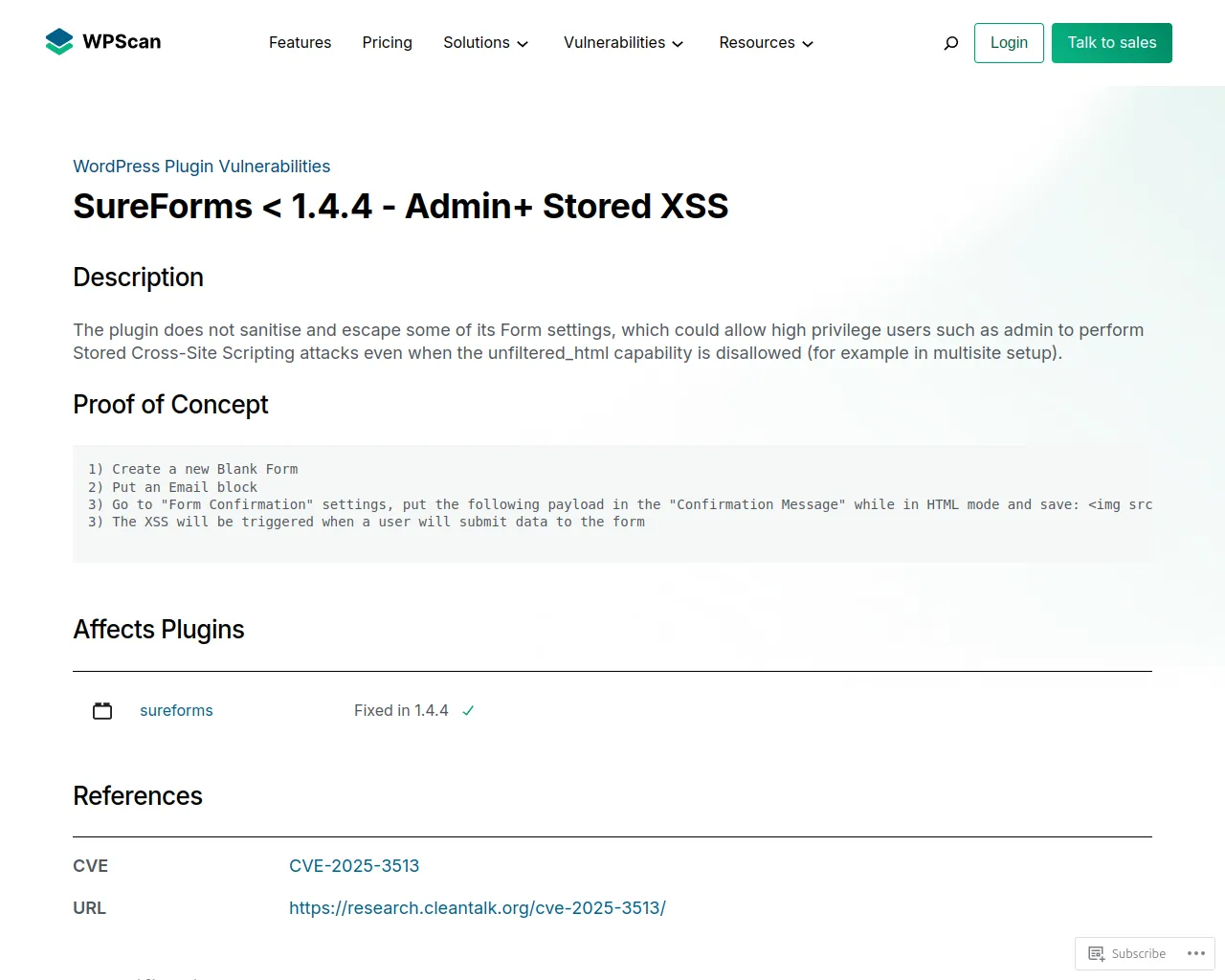 SureForms < 1.4.4 – Admin+ Stored XSS | CVE 2025-3513 | Plugin Vulnerabilities