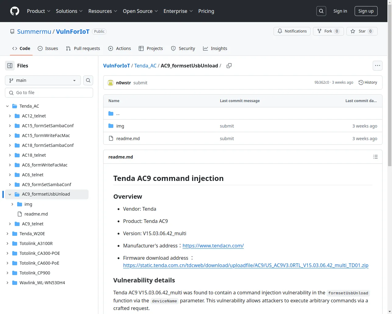 VulnForIoT/Tenda_AC/AC9_formsetUsbUnload at main · Summermu/VulnForIoT · GitHub