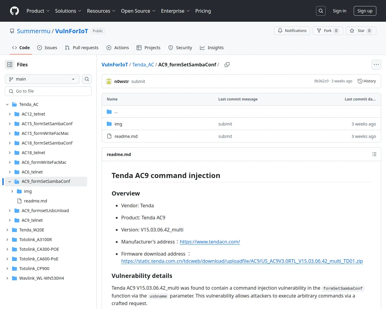 VulnForIoT/Tenda_AC/AC9_formSetSambaConf at main · Summermu/VulnForIoT · GitHub