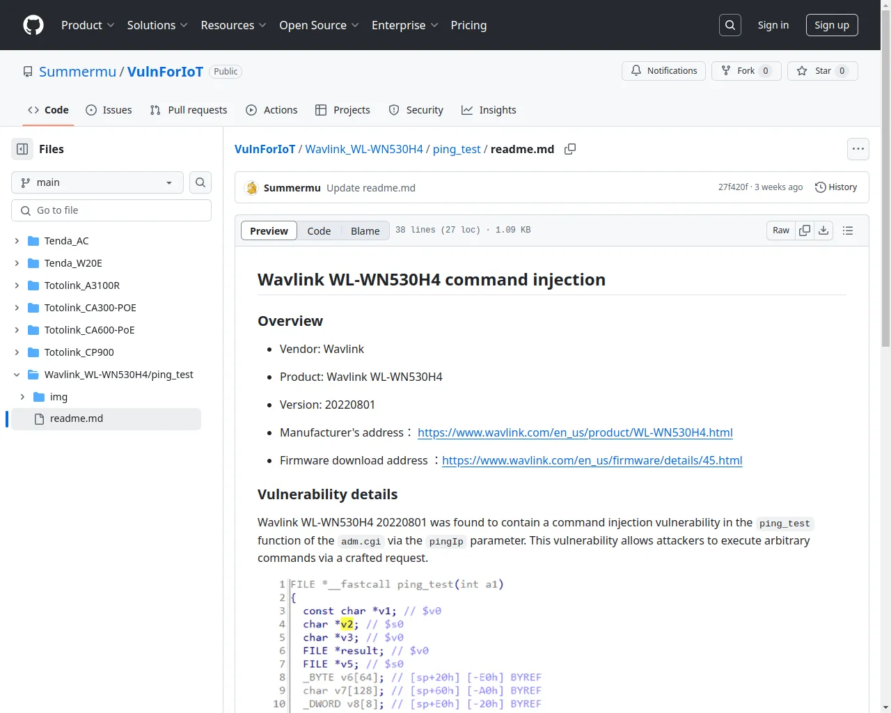 VulnForIoT/Wavlink_WL-WN530H4/ping_test/readme.md at main · Summermu/VulnForIoT · GitHub